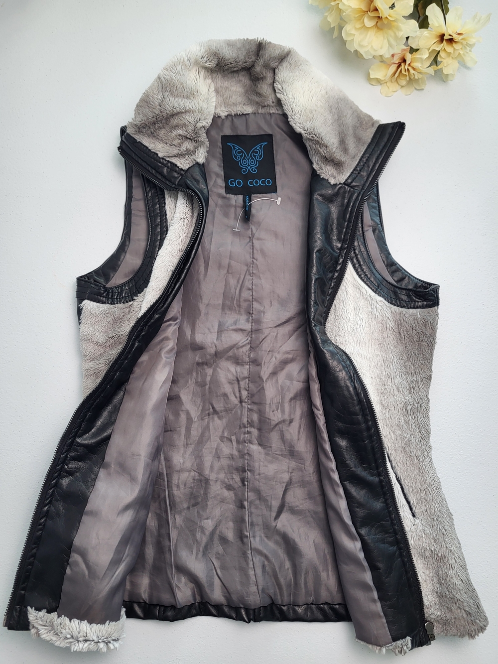 GO COCO Women's Gray Faux Shearling Vest with Black Trim